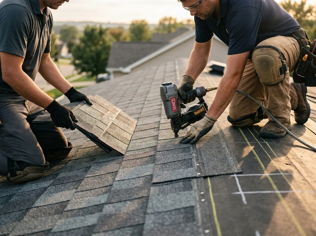 Professional roofer working on a residential roof in Norfolk